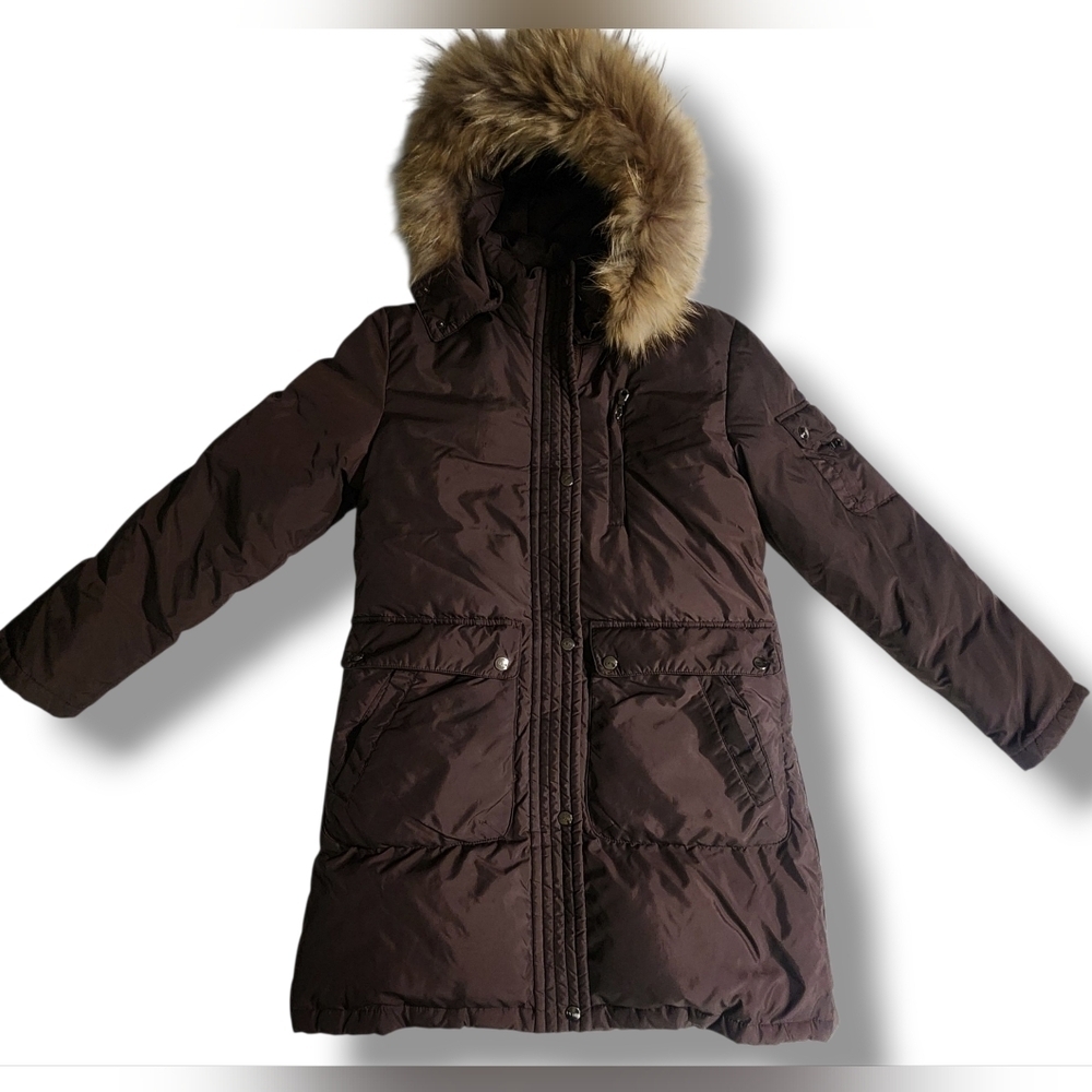 DKNY Down Puffer Trench Parka Trench Fur Trim Brown Womens Size XSmall Winter